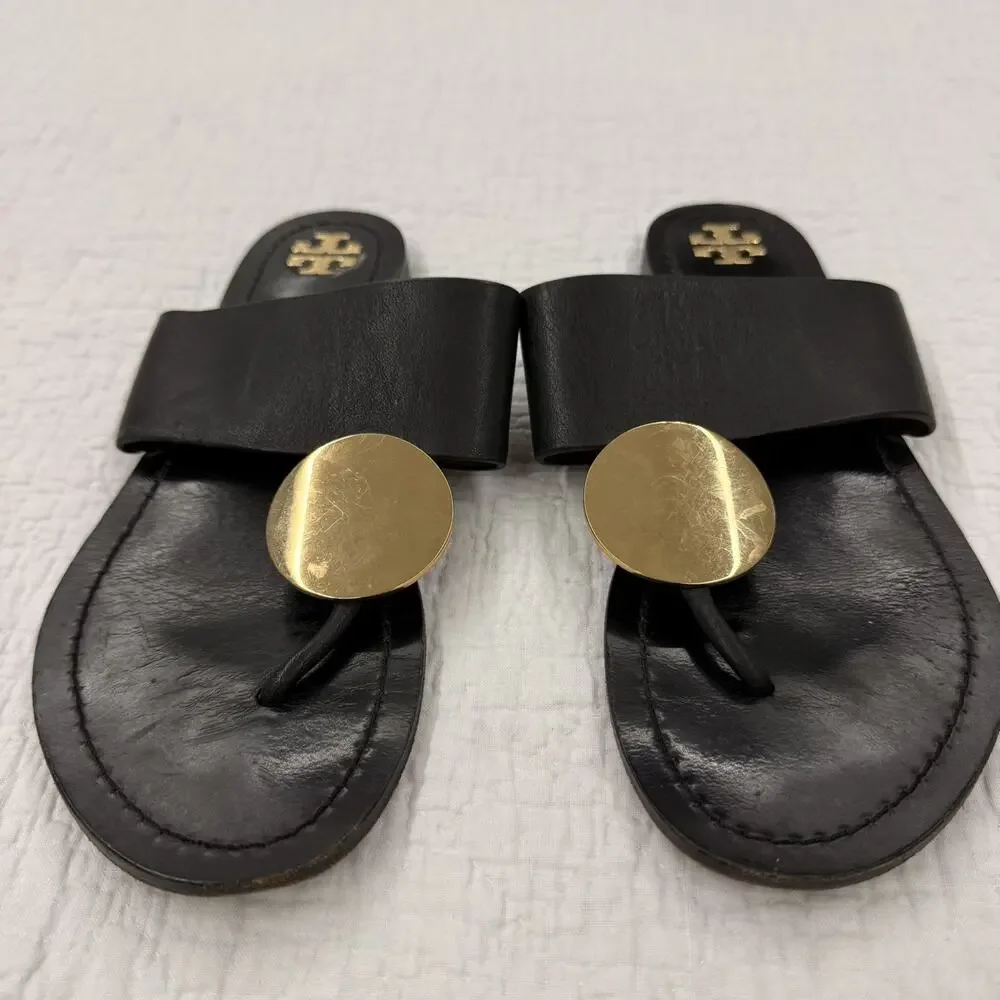 Tory Burch Patos Disk Slide Sandals Black/ Gold sz 8.5